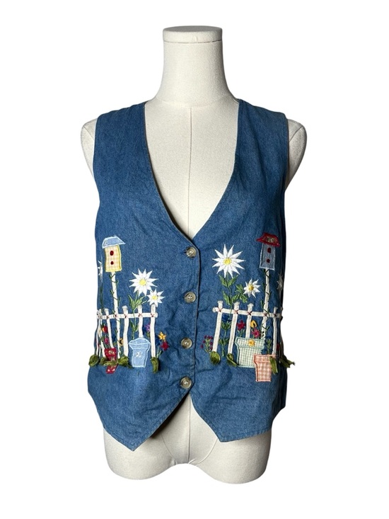 Vintage Jackets & Blazers - 90s Vintage Garden Embroidered Denim Button Front Vest Artsy Boho Cottagecore